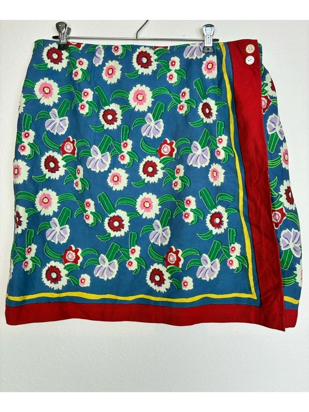 Vintage Cotton Floral Cottagecore Faux Wrap Skirt with Red Trim